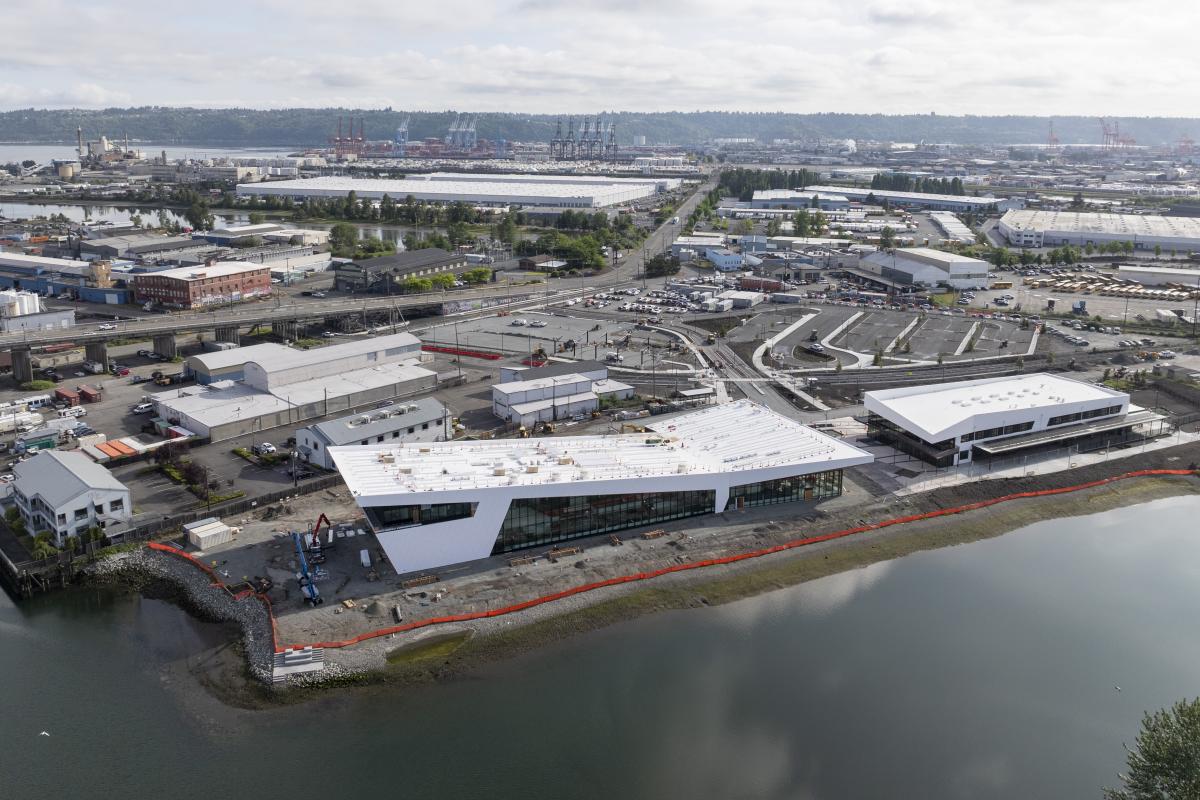 Aerial image of the new Maritime Center campus along the Foss Waterway.
